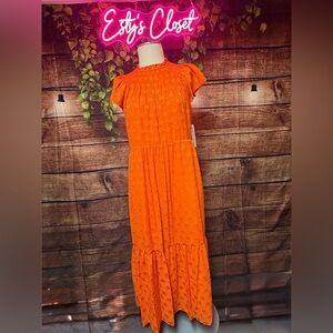 Orange Smocked Midi Dress